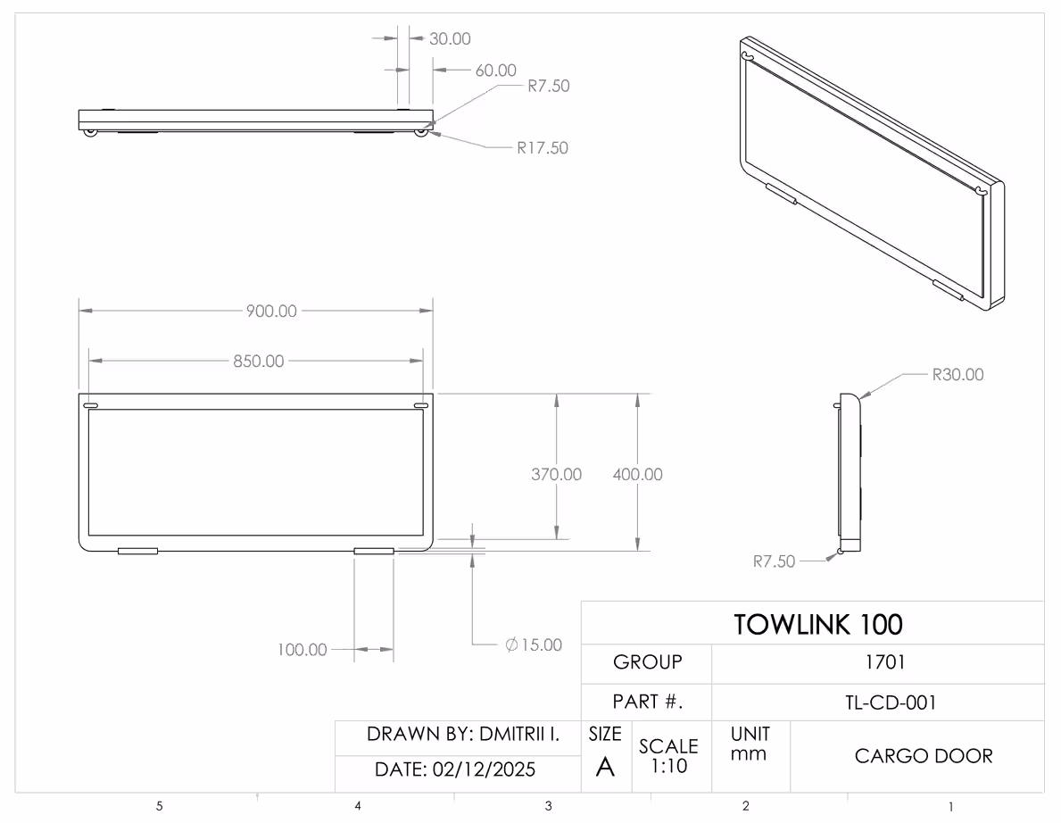 Technical drawing of the back door of the bike cargo unit